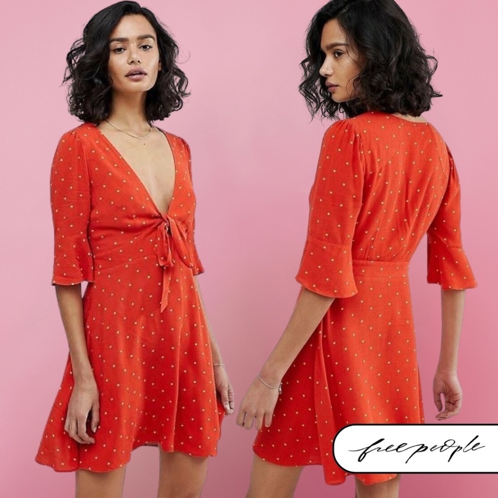 Free People All Yours Mini Dress Size 0 Red Polka Dot V Neck Flared Sleeve Boho